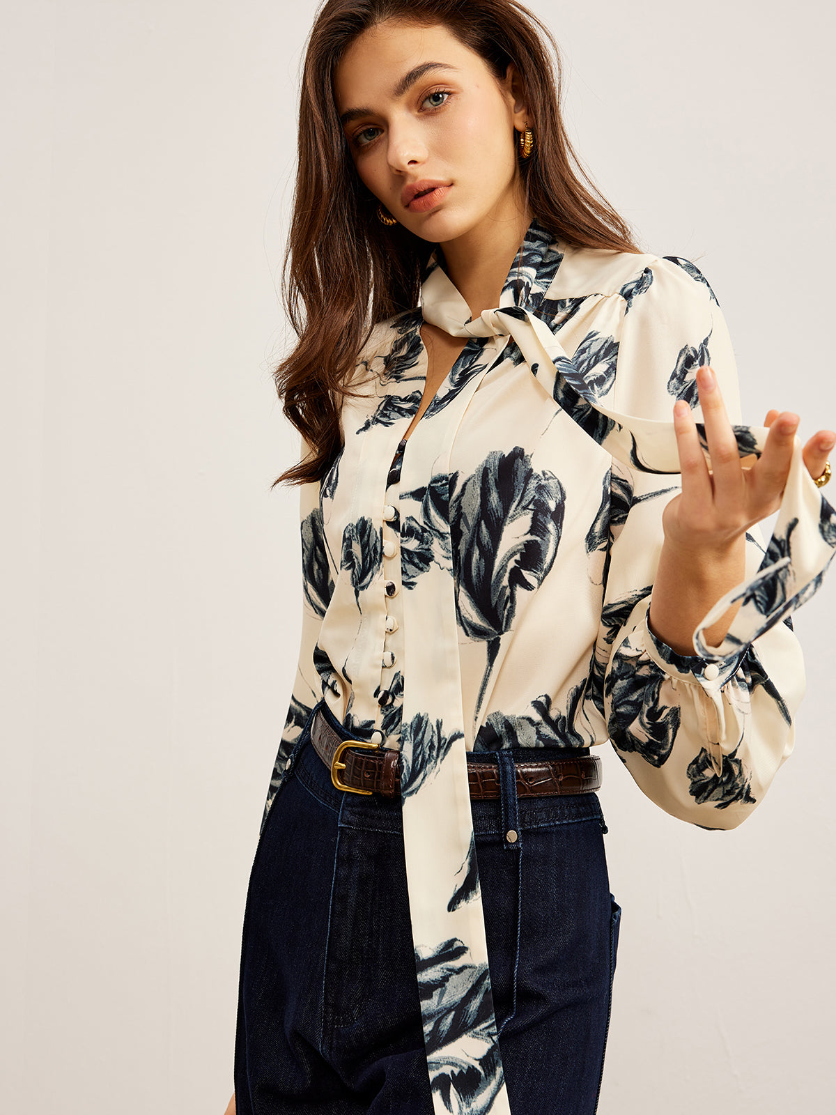 Boheme Printed Tie Neck Satin Bluz