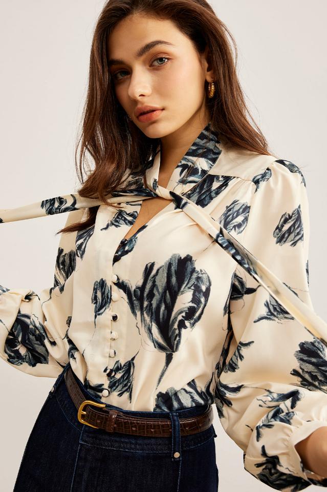Boheme Printed Tie Neck Satin Bluz