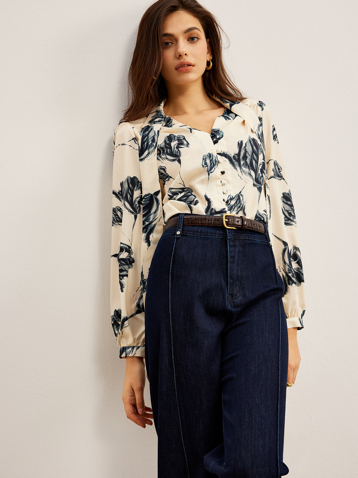 Boheme Printed Tie Neck Satin Bluz