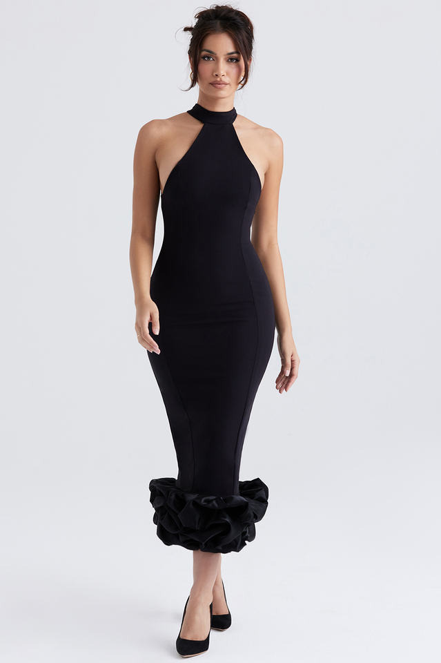 Black Peplum Midi Elbise