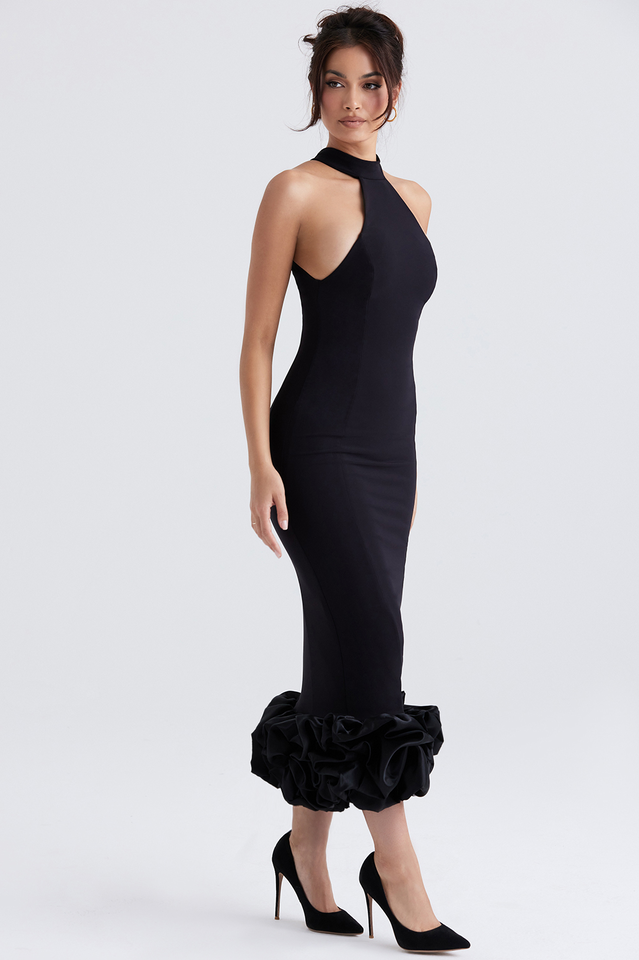 Black Peplum Midi Elbise