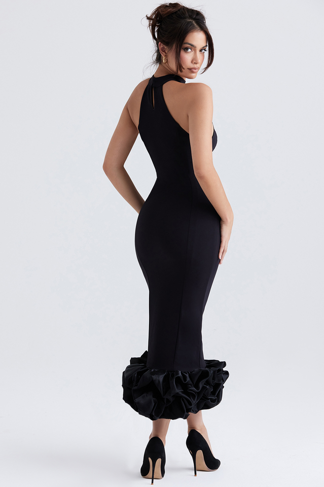 Black Peplum Midi Elbise