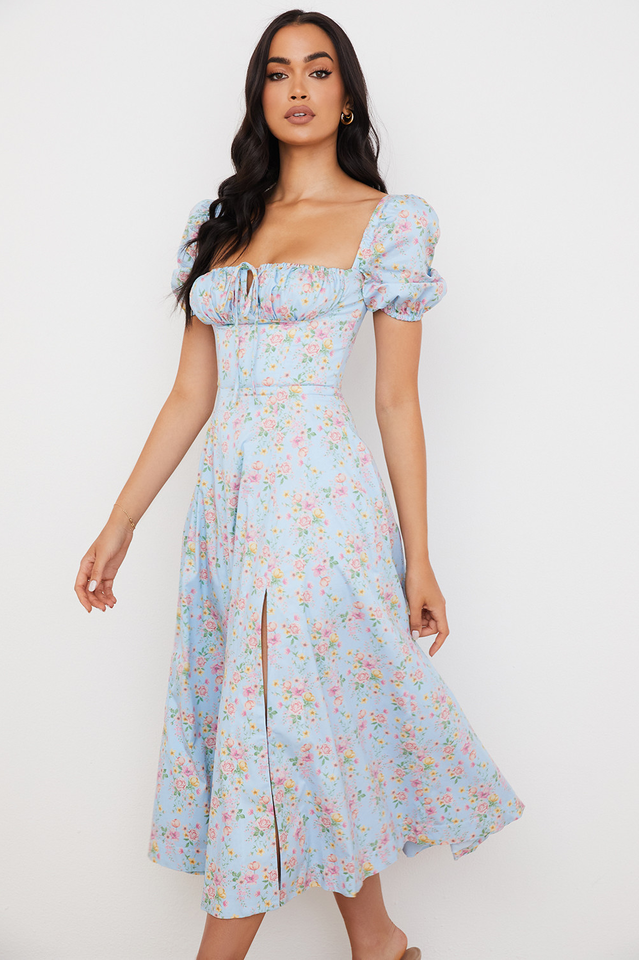 Blue And Pink Vintage Print Midi Elbise