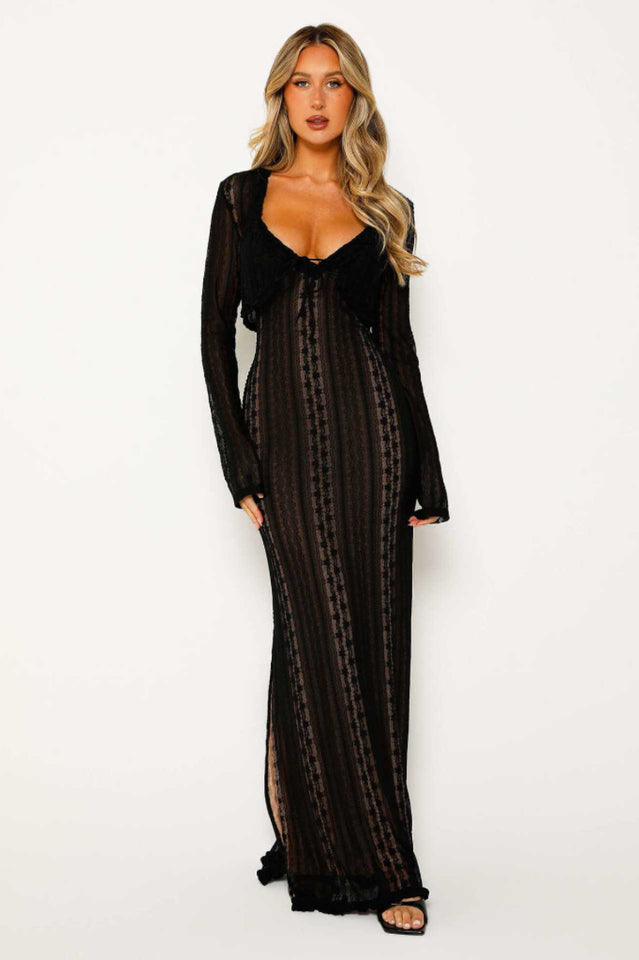 Lace V Neck Slit Two-Piece Elbise