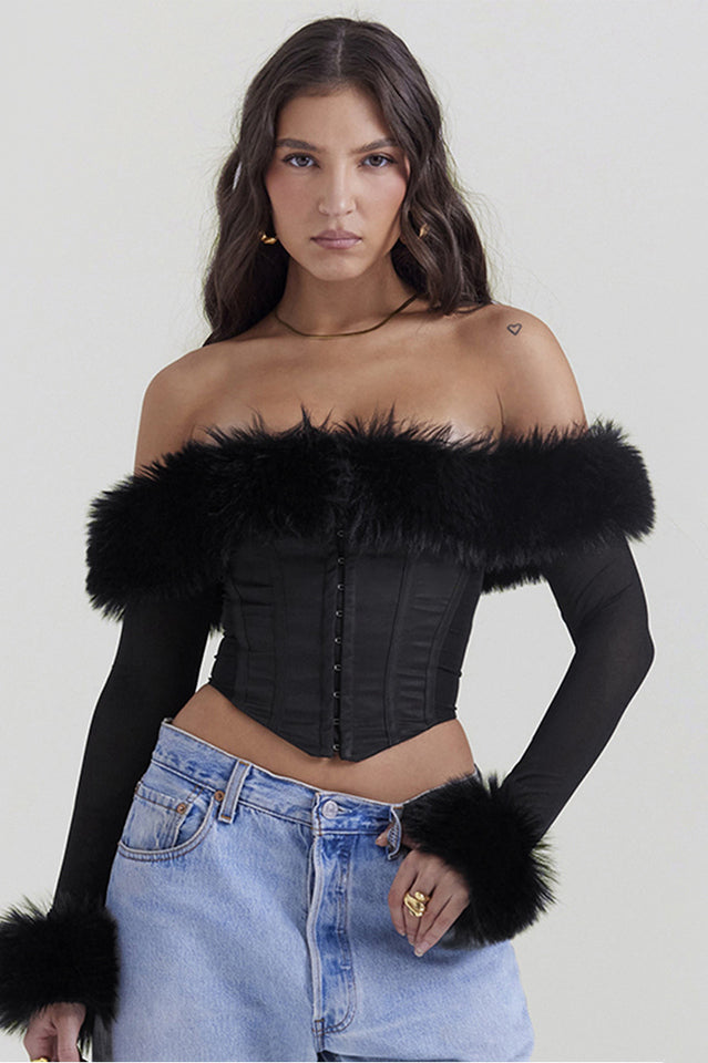 Black Faux Fur Trimmed Bustiyer