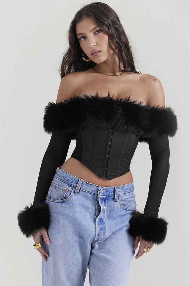 Black Faux Fur Trimmed Bustiyer