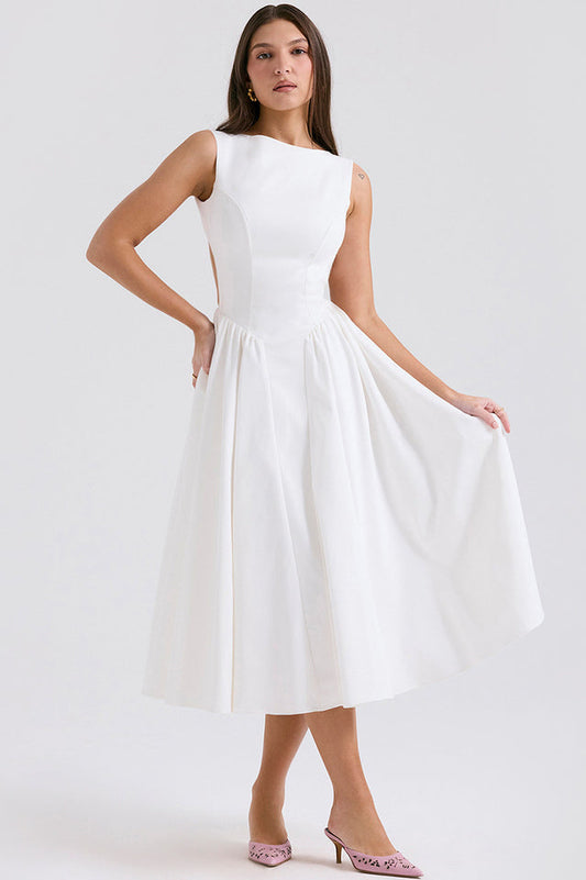 Cindy White Twill Midi Elbise