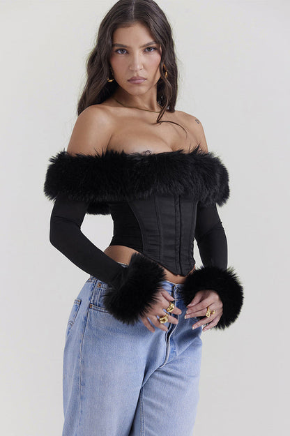 Black Faux Fur Trimmed Bustiyer