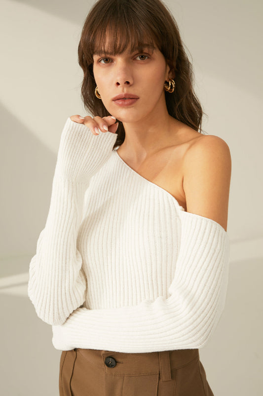 One Shoulder Long Sleeve Ribbed Pullover Kazak