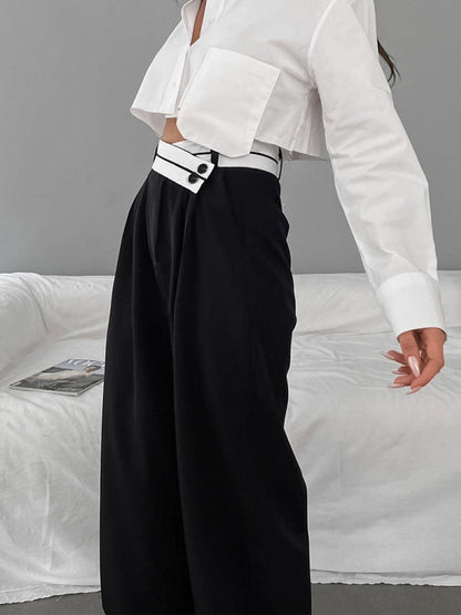 Asymmetrical Contrast Waistband Wide Leg Dress Pantolon