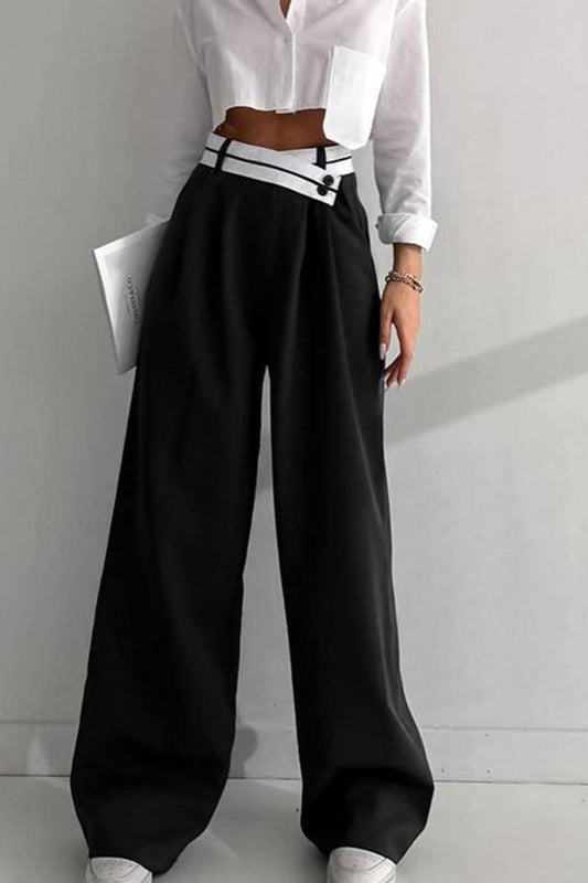 Asymmetrical Contrast Waistband Wide Leg Dress Pantolon