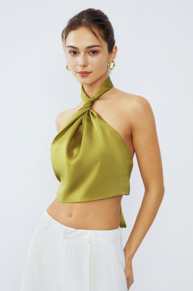 Halter Neck Twist Open Back Satin Crop Üst