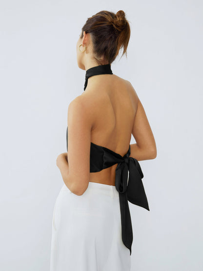 Halter Neck Twist Open Back Satin Crop Üst