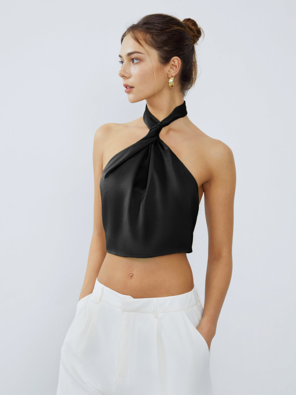 Halter Neck Twist Open Back Satin Crop Üst