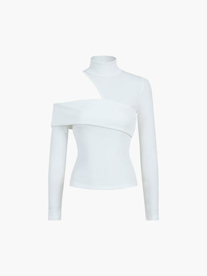 Mock Neck Oblique Cutout Rib Long Sleeve Knit Üst