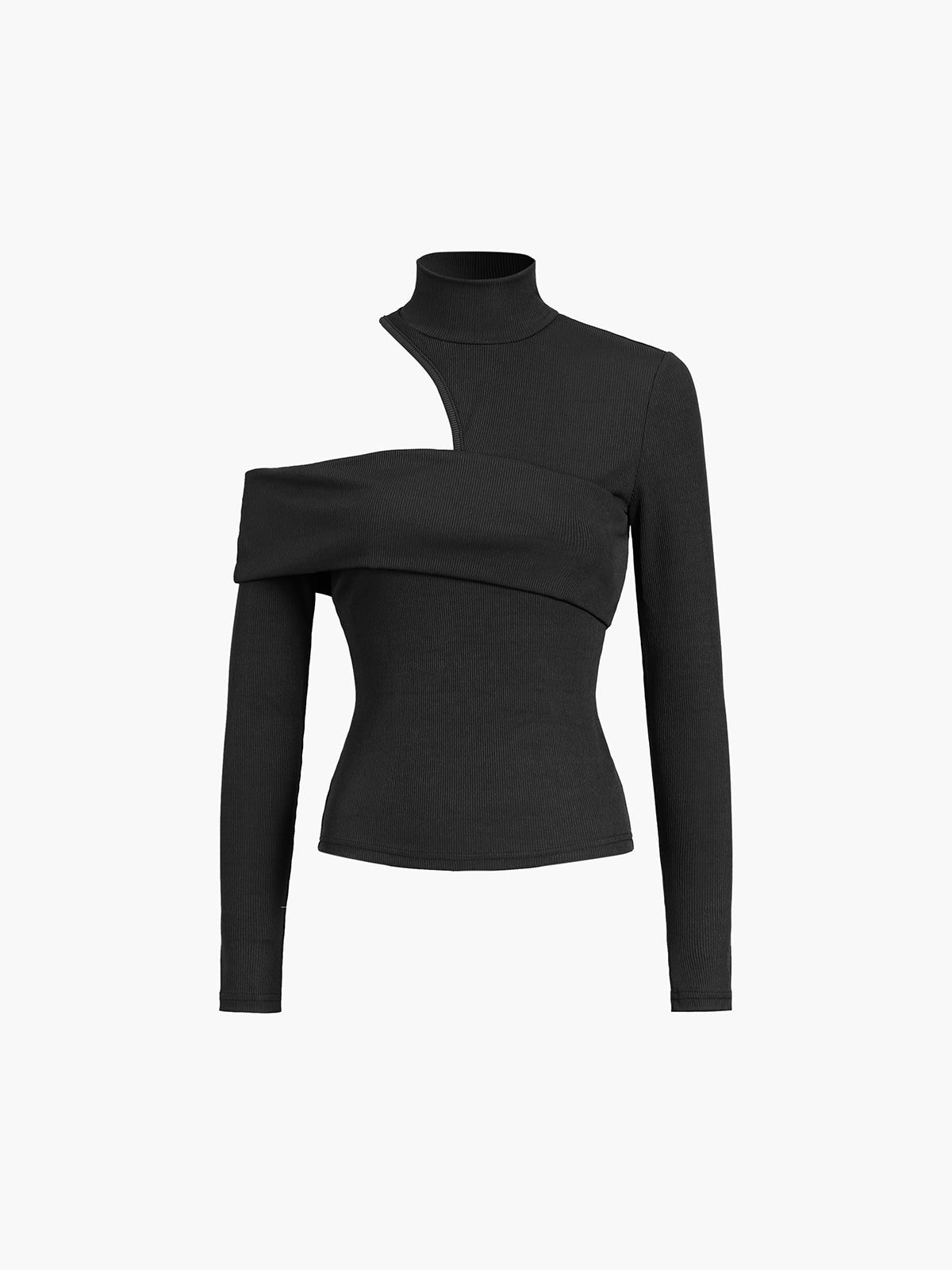 Mock Neck Oblique Cutout Rib Long Sleeve Knit Üst