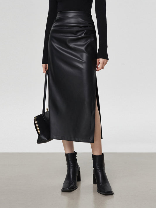 Faux Leather Ruched Slit Midi Etek