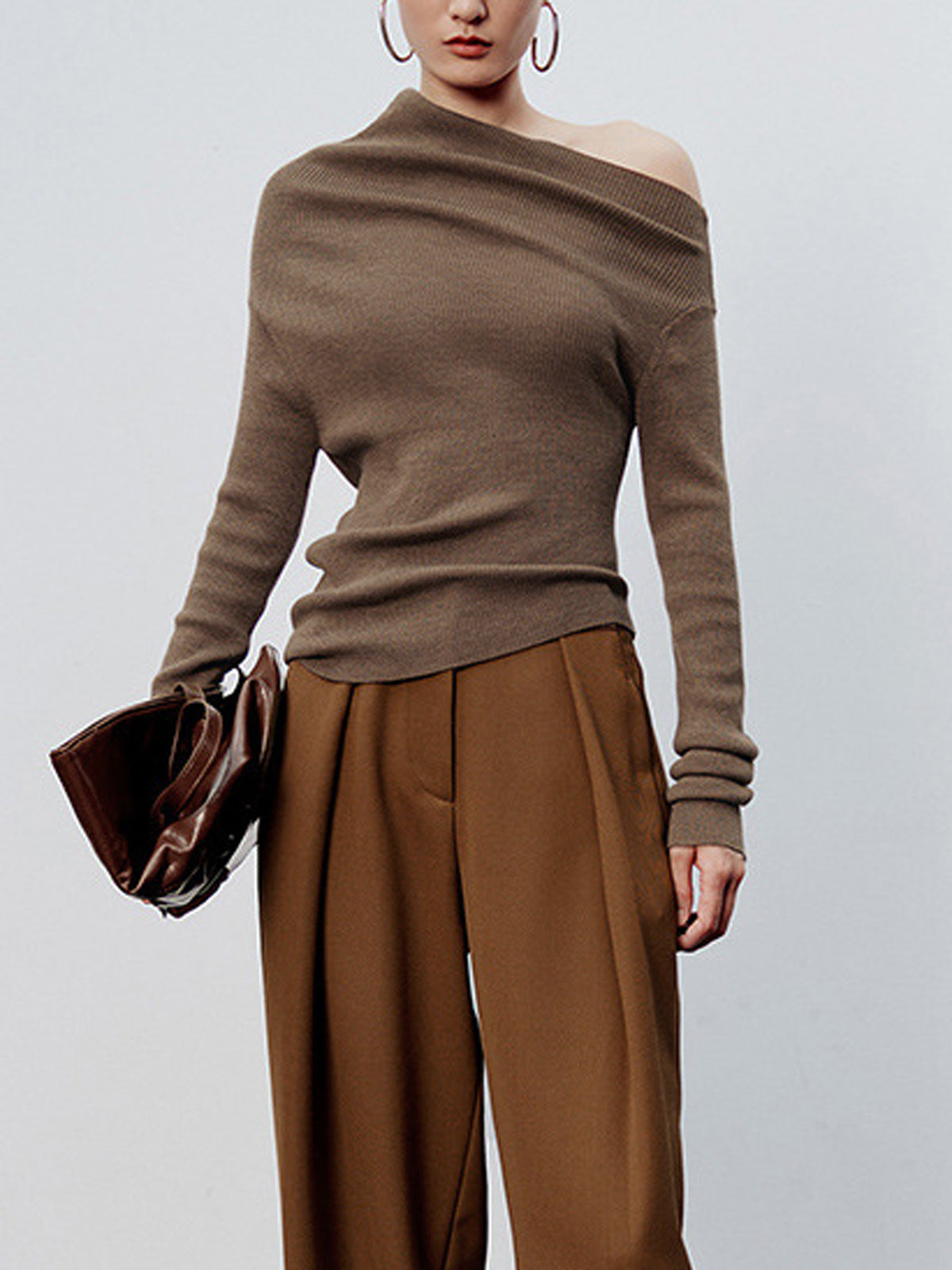 Caramel Asymmetric Neckline Long Sleeve Knit Üst