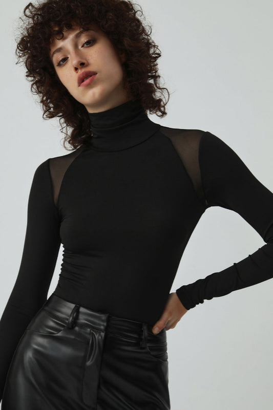 Patchwork Mesh Turtleneck Long Sleeve Bodysuit