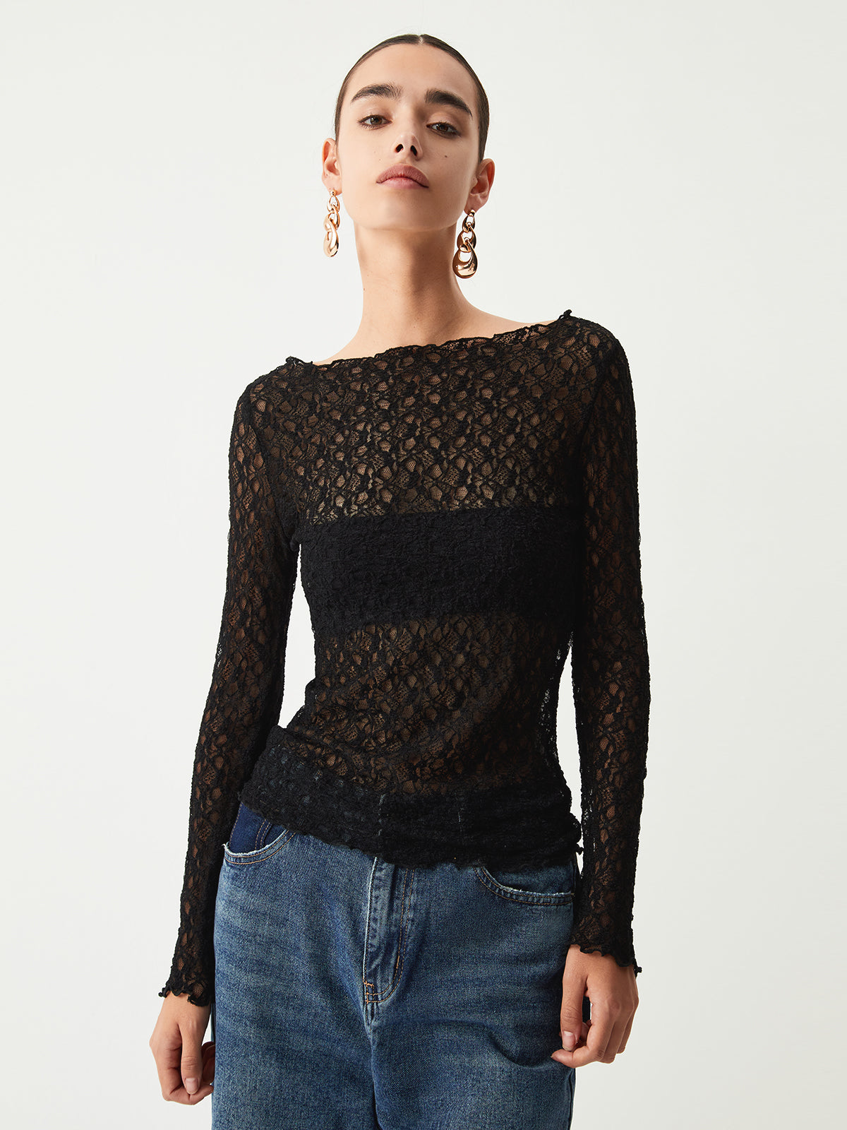 Sheer Floral Long Sleeve Üst