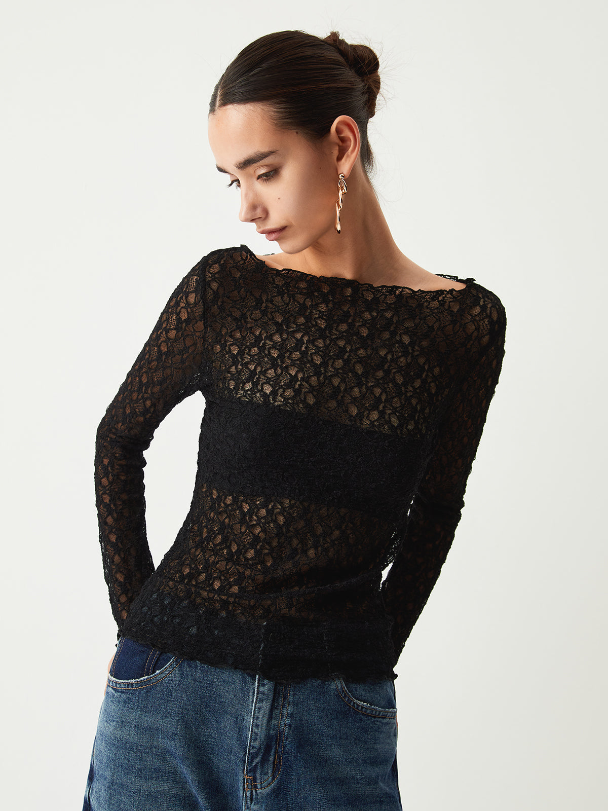 Sheer Floral Long Sleeve Üst