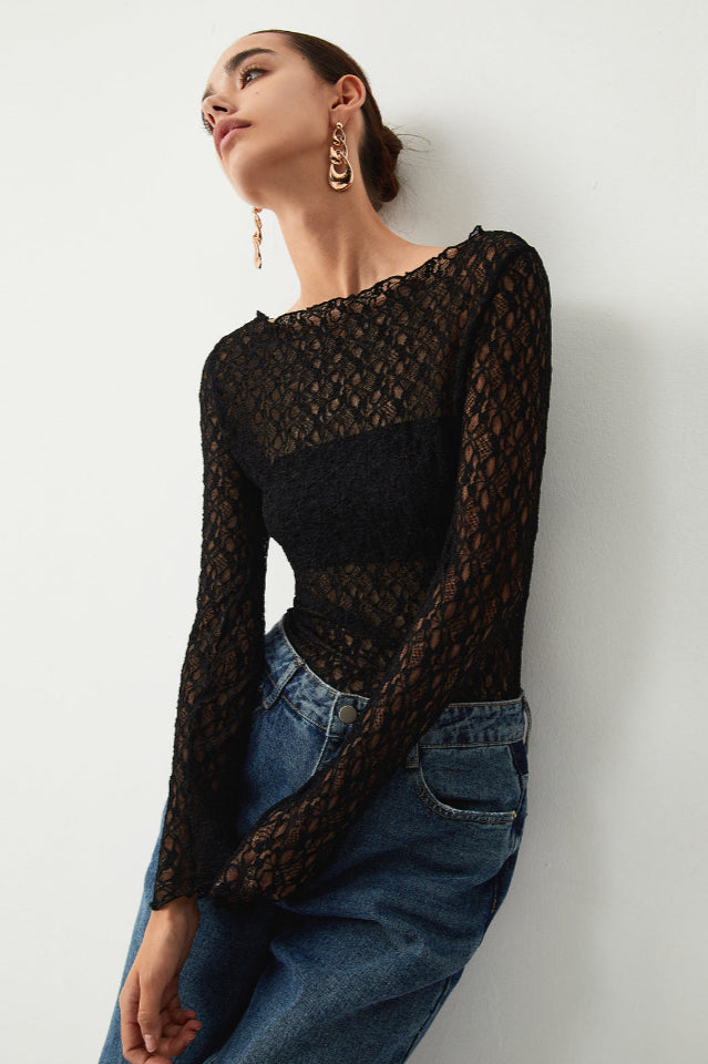 Sheer Floral Long Sleeve Üst