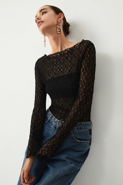 Sheer Floral Long Sleeve Üst