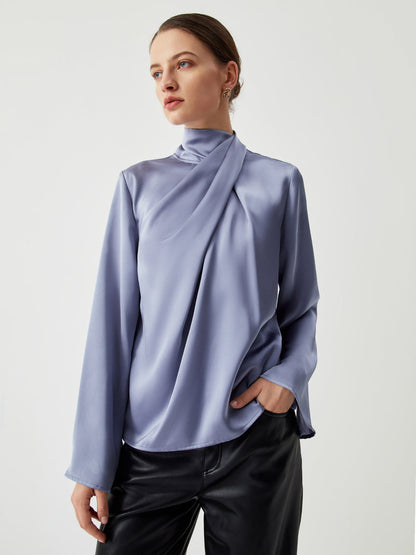 Asymmetric Pleated Turtleneck Satin Bluz