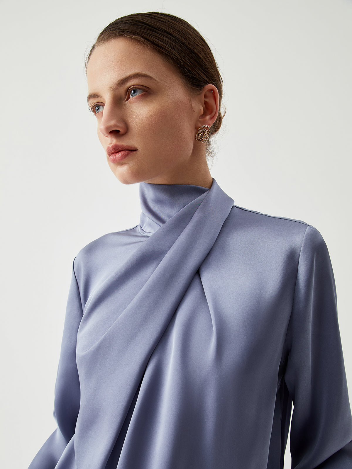 Asymmetric Pleated Turtleneck Satin Bluz