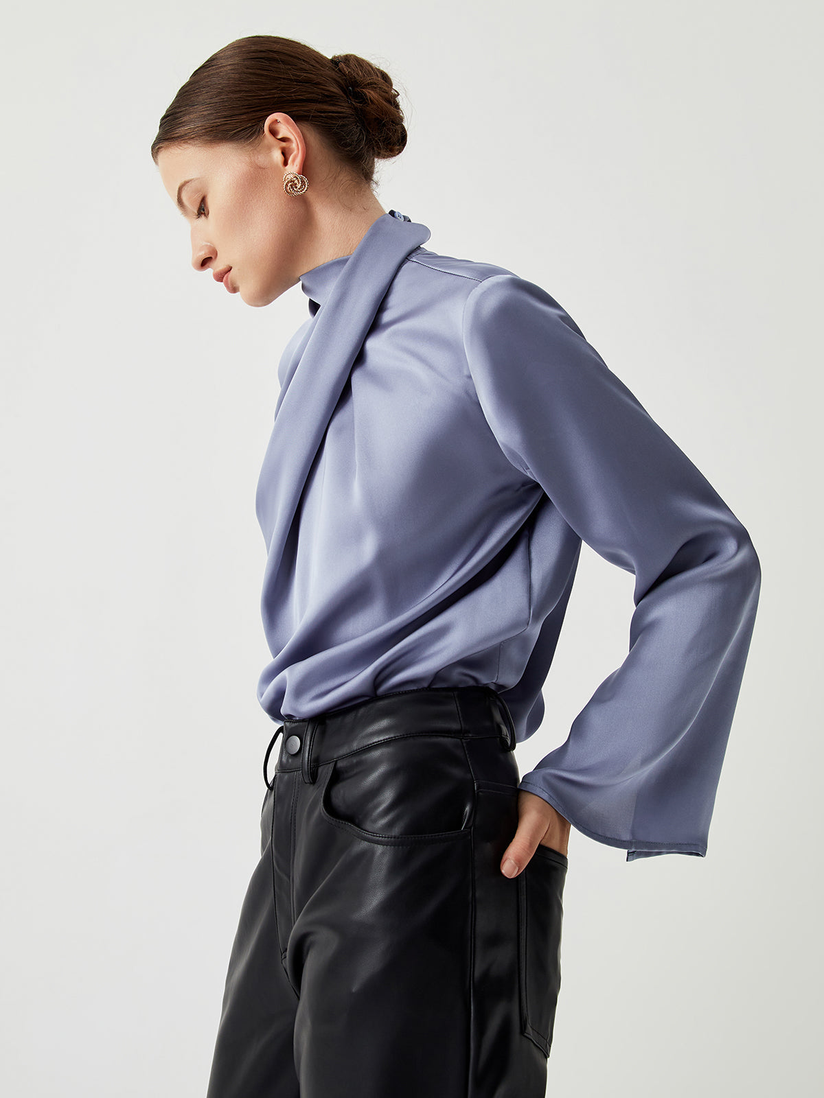 Asymmetric Pleated Turtleneck Satin Bluz