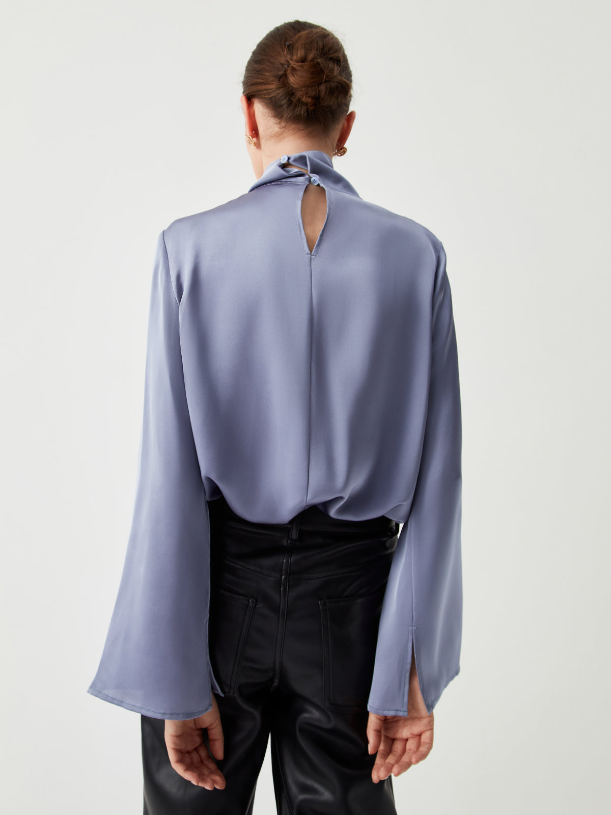 Asymmetric Pleated Turtleneck Satin Bluz