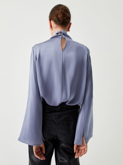 Asymmetric Pleated Turtleneck Satin Bluz