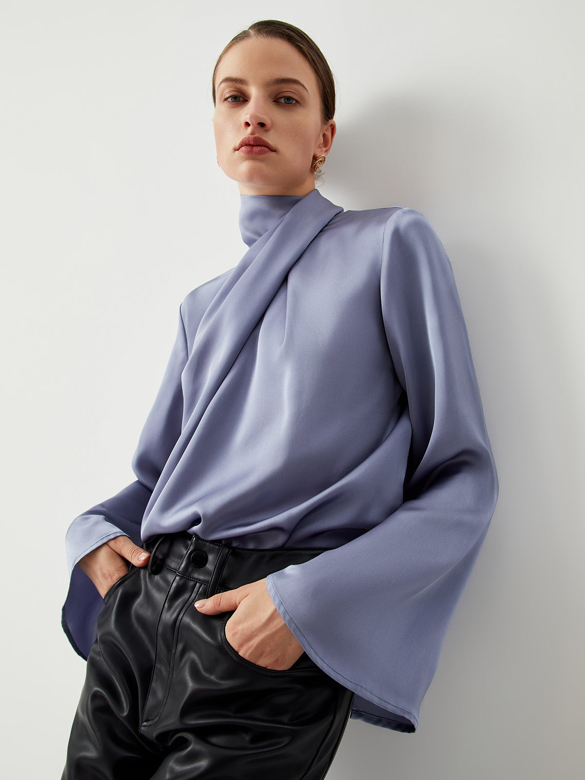 Asymmetric Pleated Turtleneck Satin Bluz