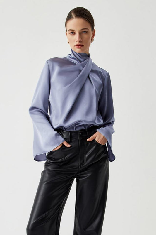 Asymmetric Pleated Turtleneck Satin Bluz