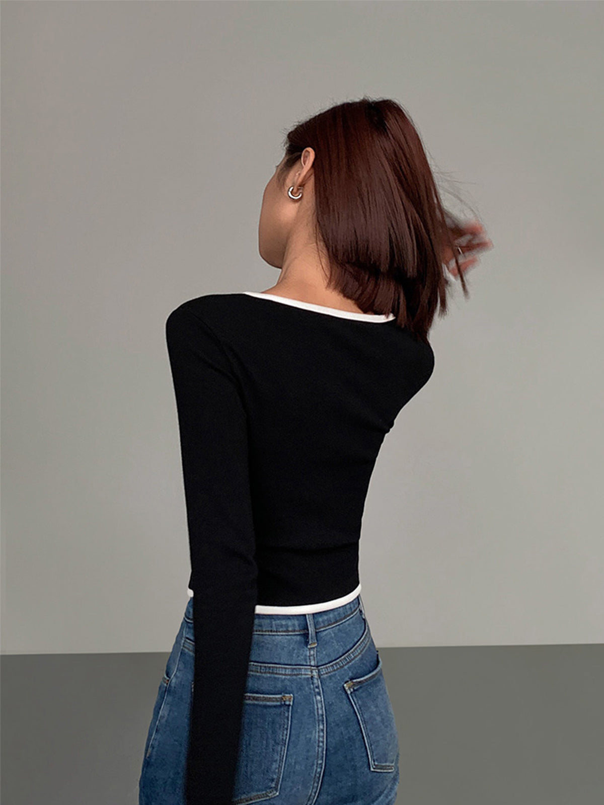 Square Neck Contrast Trim Long Sleeve Knit Üst