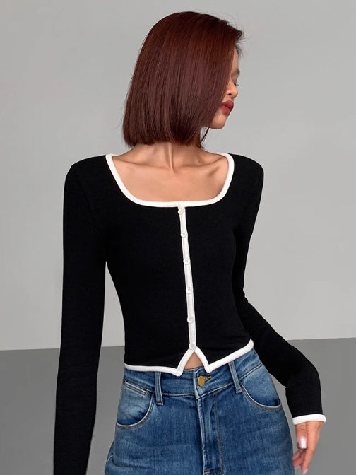 Square Neck Contrast Trim Long Sleeve Knit Üst