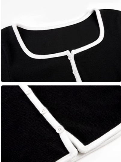 Square Neck Contrast Trim Long Sleeve Knit Üst