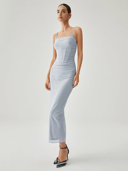 Ribbed Draped Slit Mesh Kolsuz Uzun Elbise