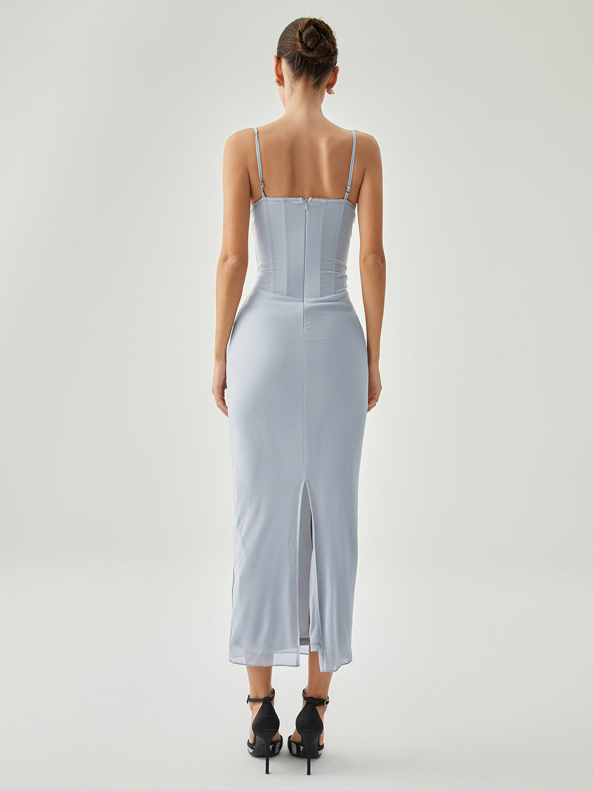 Ribbed Draped Slit Mesh Kolsuz Uzun Elbise