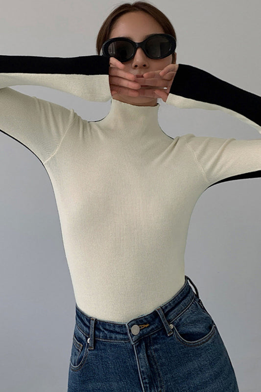 Two Tone Double Sided Long Sleeve Knit Üst