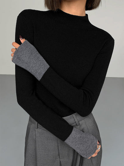 Long Sleeve Contrast Cuff Knit Üst