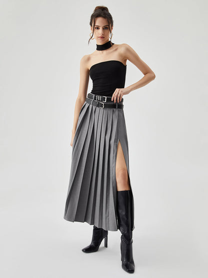 Pleated Split Maxi Kemersiz Etek