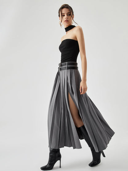 Pleated Split Maxi Kemersiz Etek