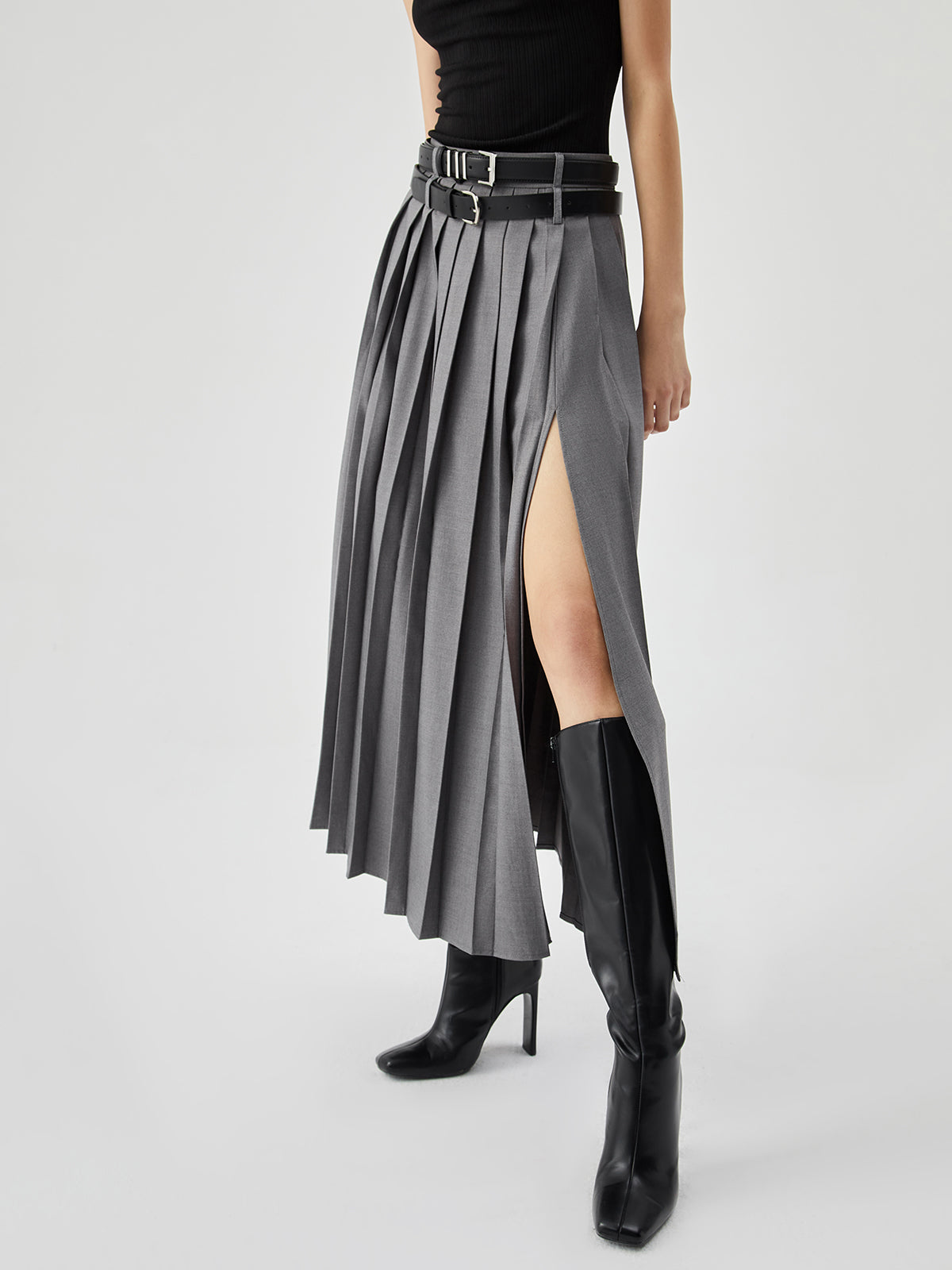 Pleated Split Maxi Kemersiz Etek