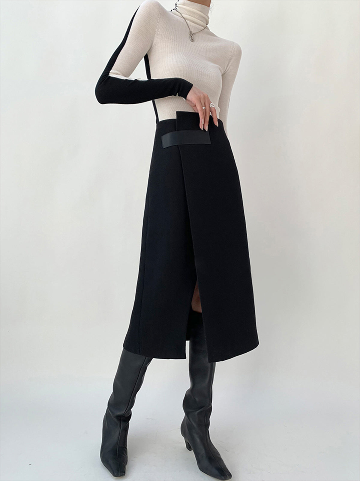 High Waist Tweed Asymmetric Wrap Midi Etek