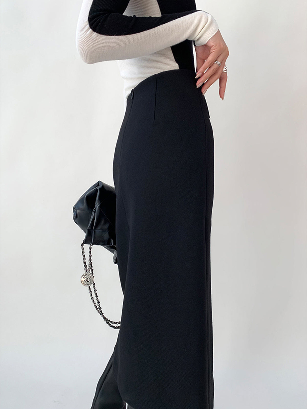 High Waist Tweed Asymmetric Wrap Midi Etek