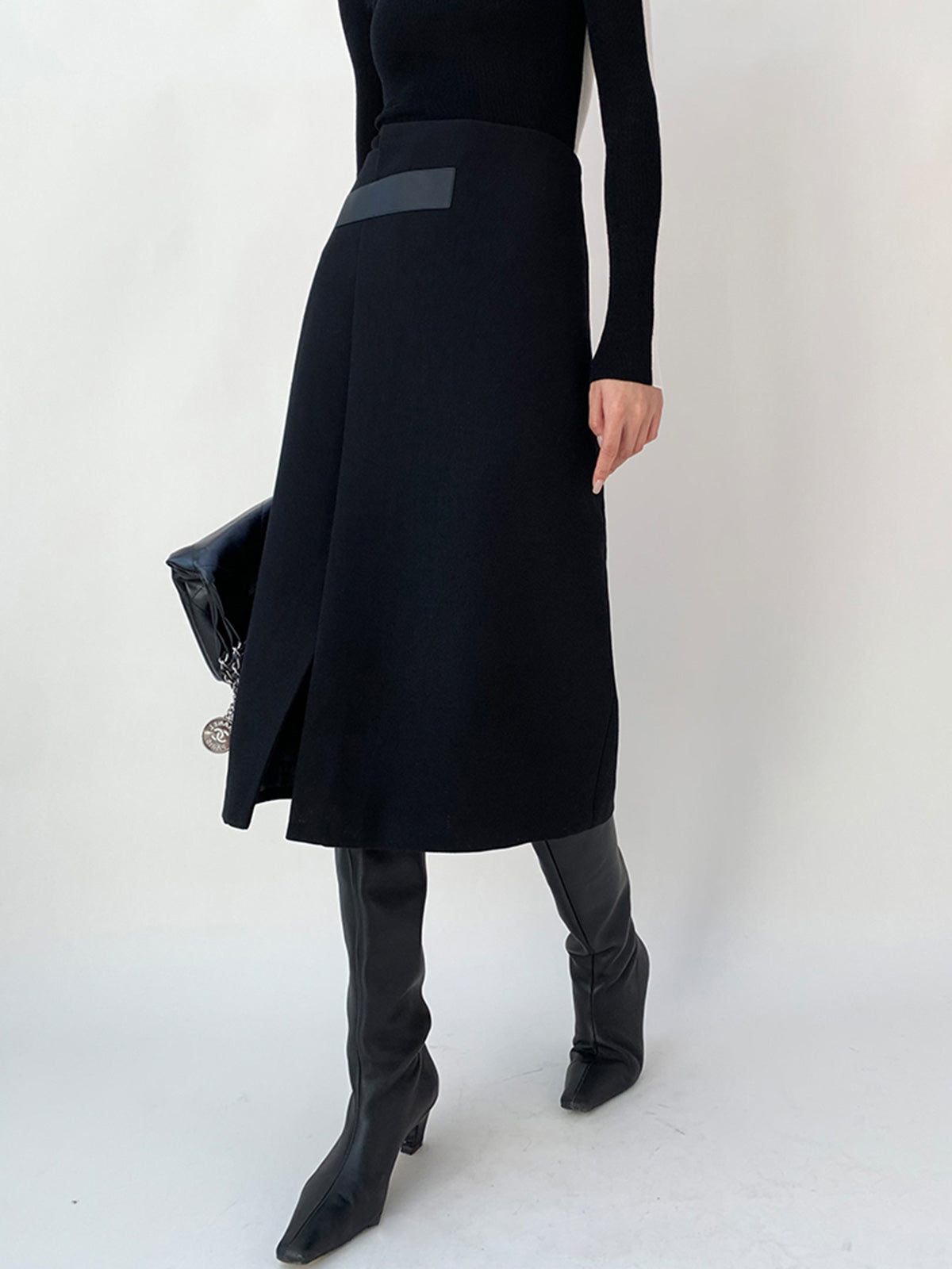 High Waist Tweed Asymmetric Wrap Midi Etek