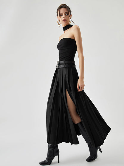 Pleated Split Maxi Kemersiz Etek