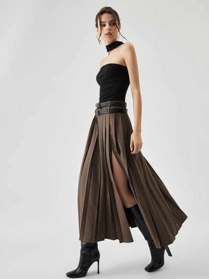 Pleated Split Maxi Kemersiz Etek