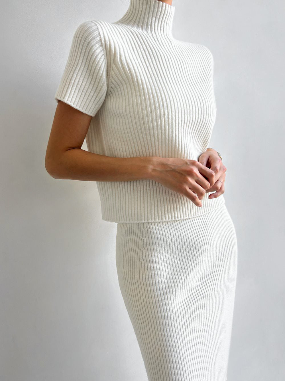 Solid High Neck Split Ribbed Knit İki Parça Etek Takımı